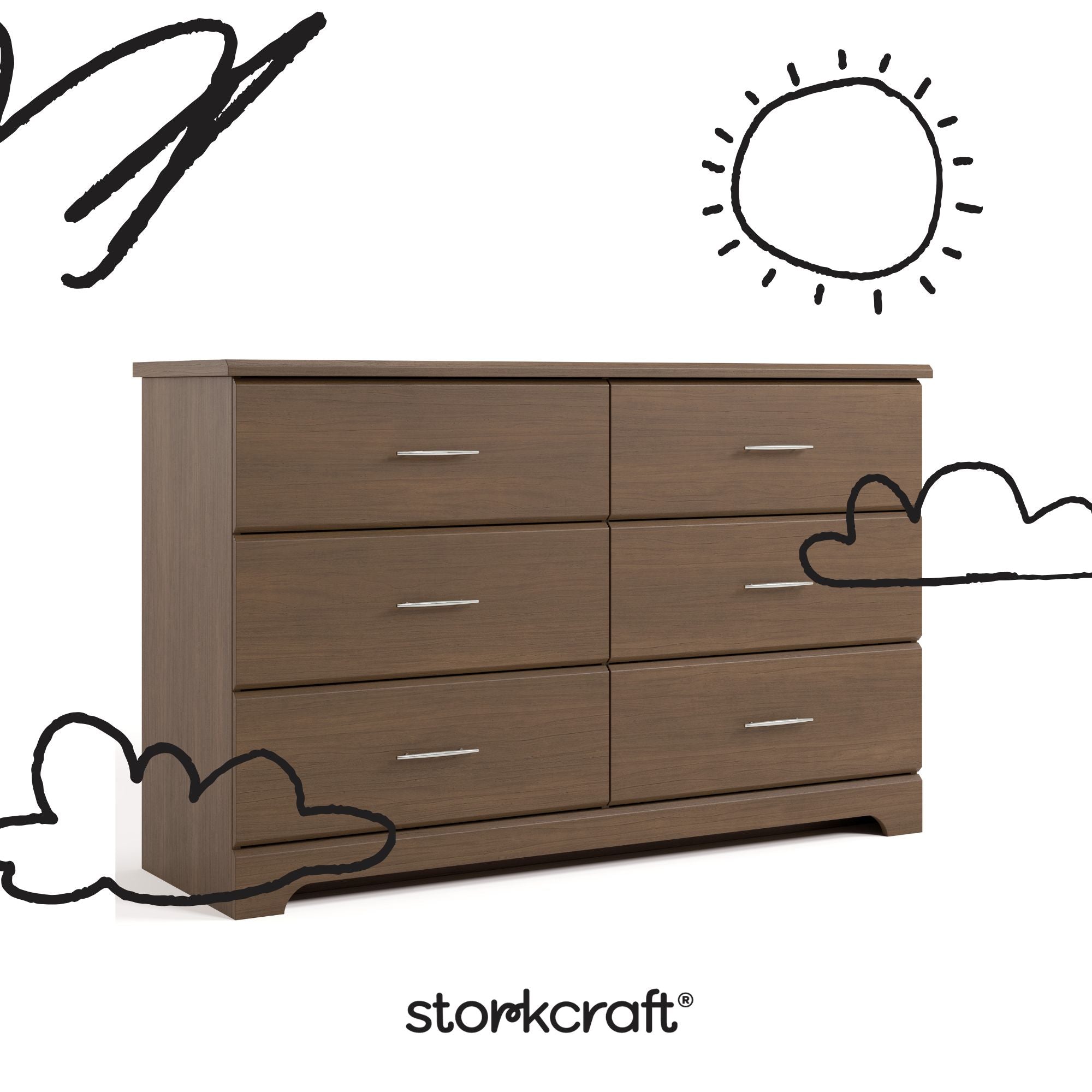 storkcraft brookside hazelnut 6 drawer with black cartoon drawings