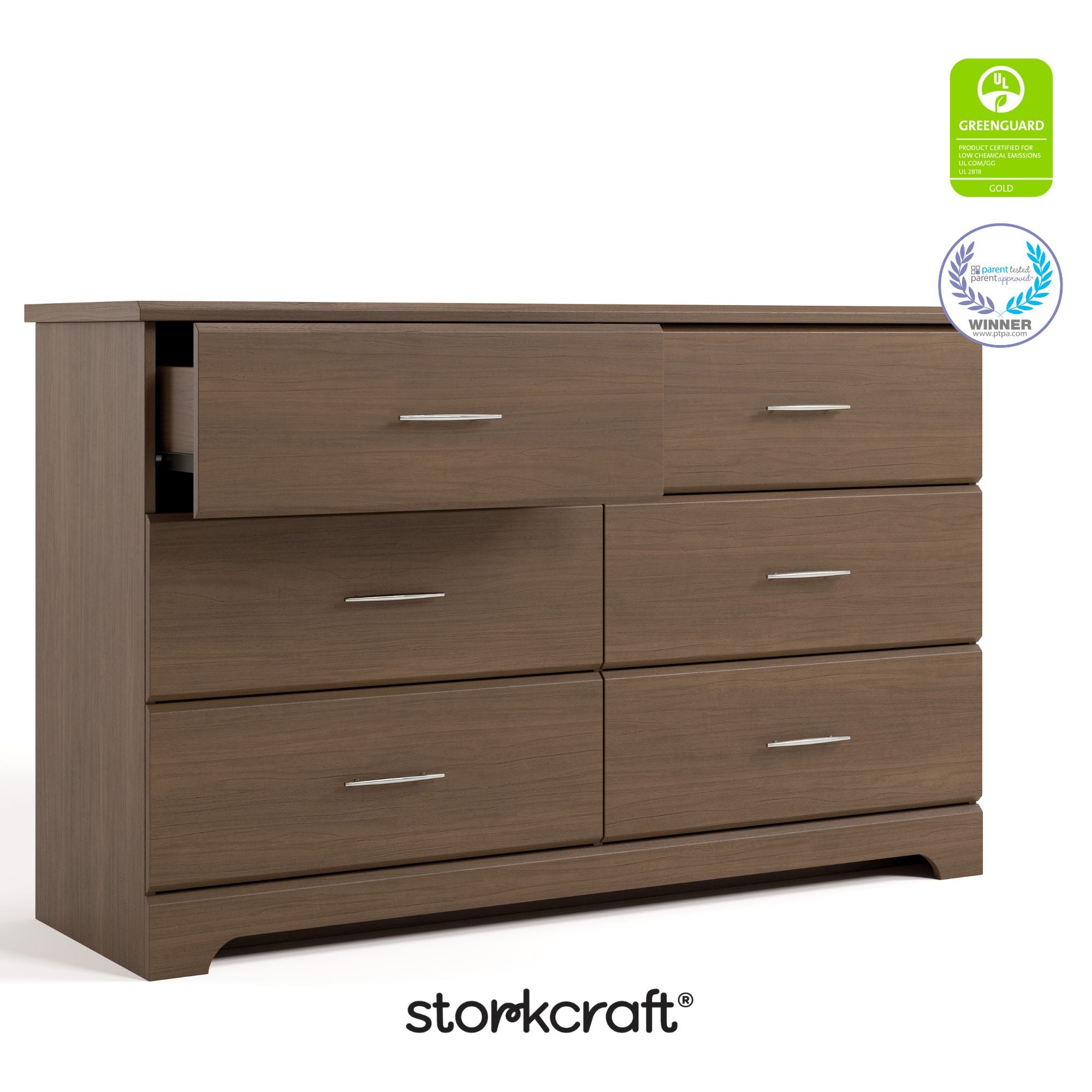 storkcraft brookside hazelnut 6 drawer with certifications callout