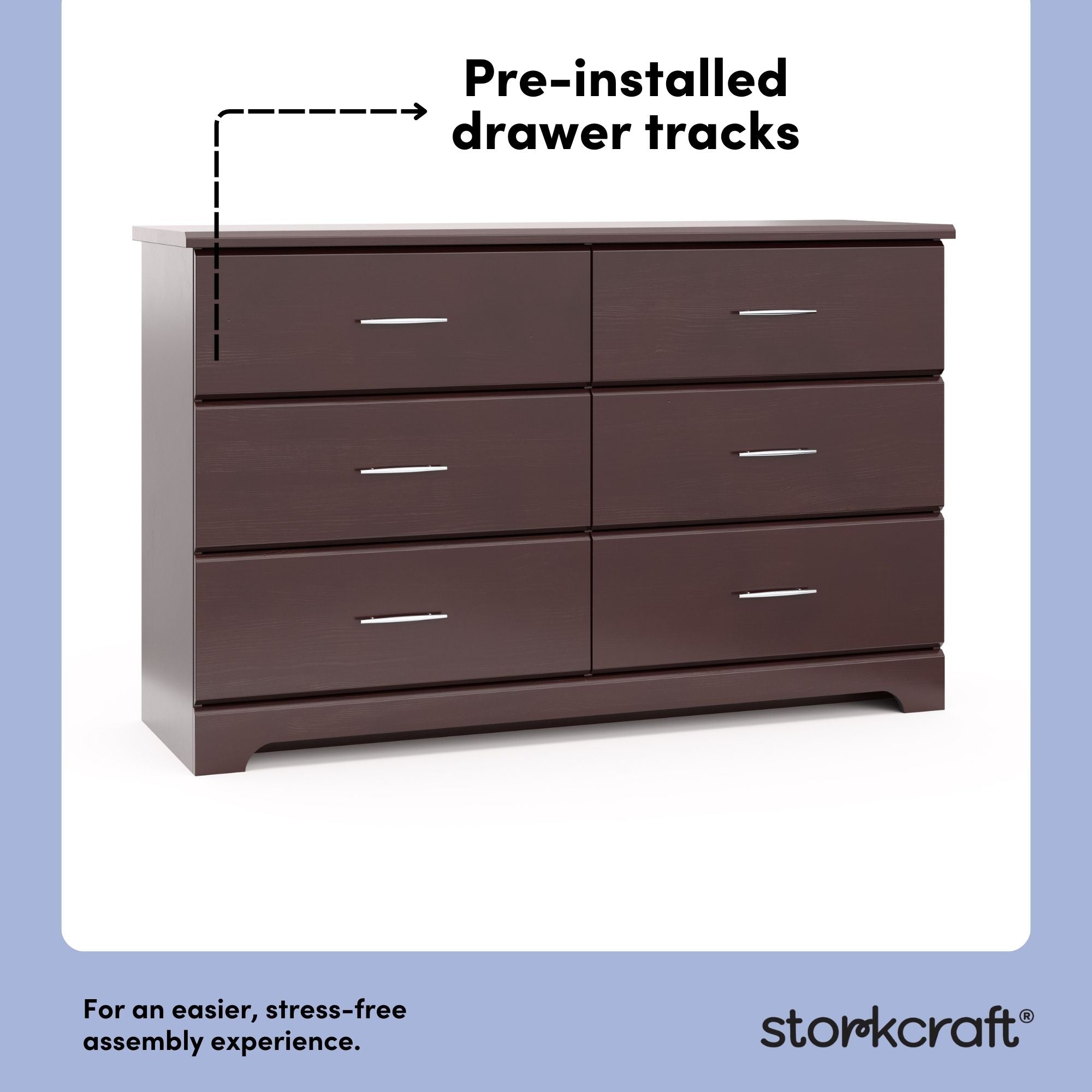 storkcraft brookside espresso 6 drawer pre-installed drawer tracks callout