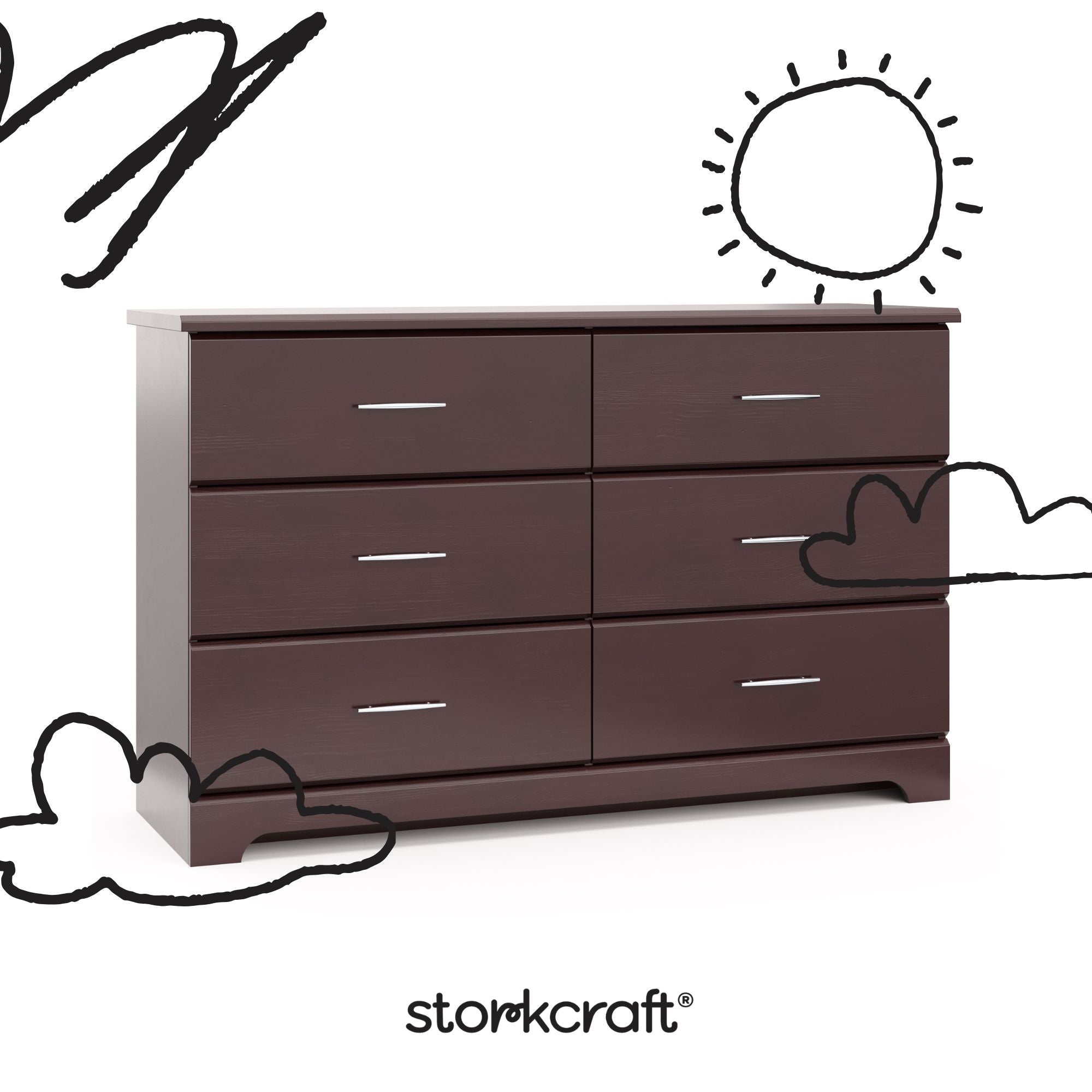 storkcraft brookside espresso 6 drawer with black cartoon drawings