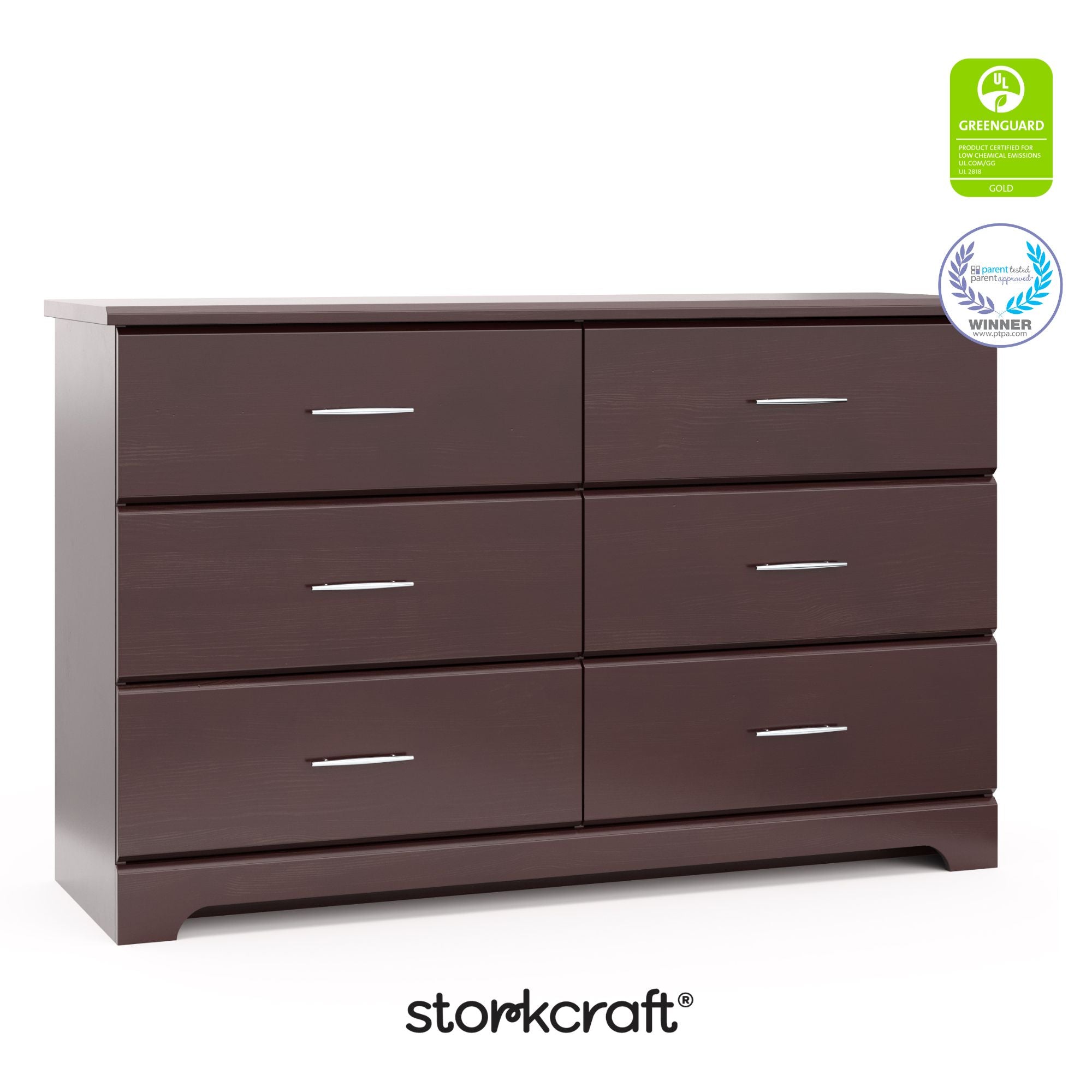 storkcraft brookside espresso 6 drawer with certifications callout