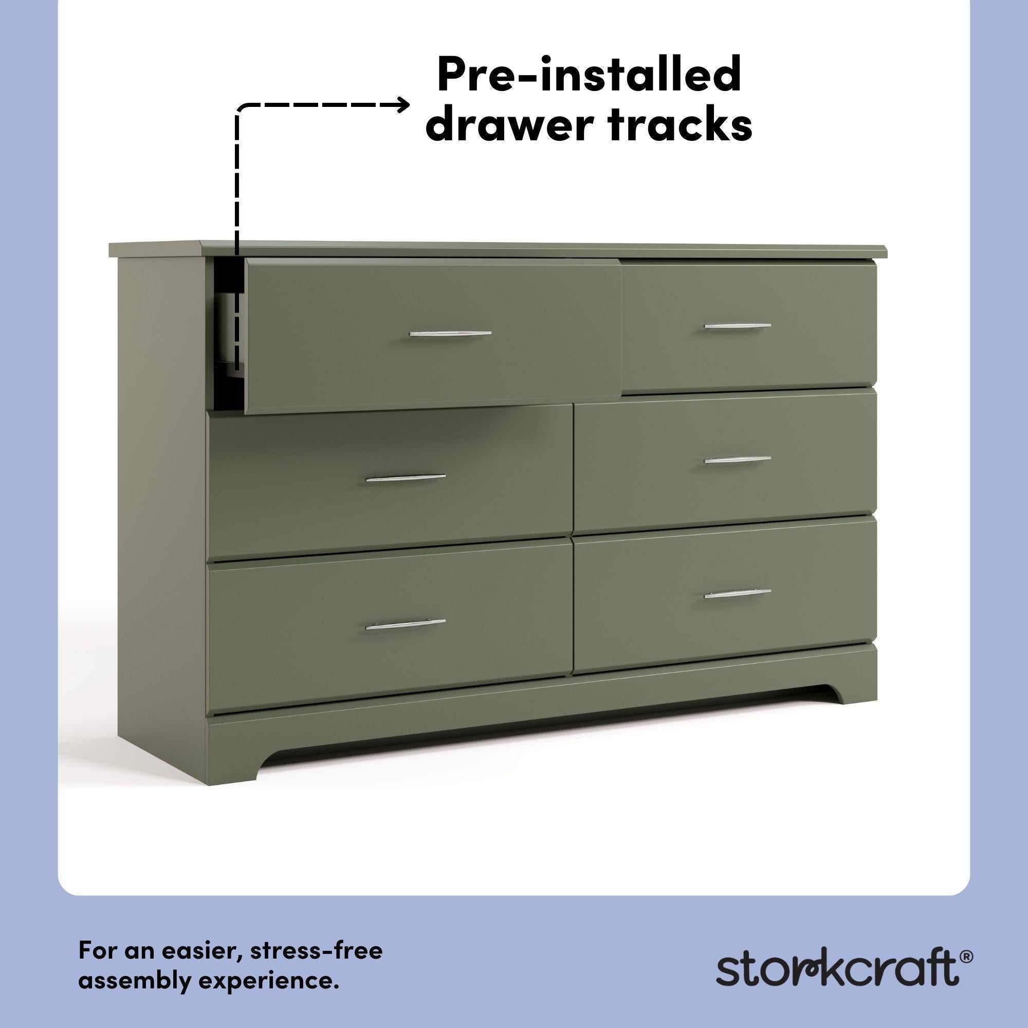storkcraft brookside olive 6 drawer pre-installed drawer tracks callout