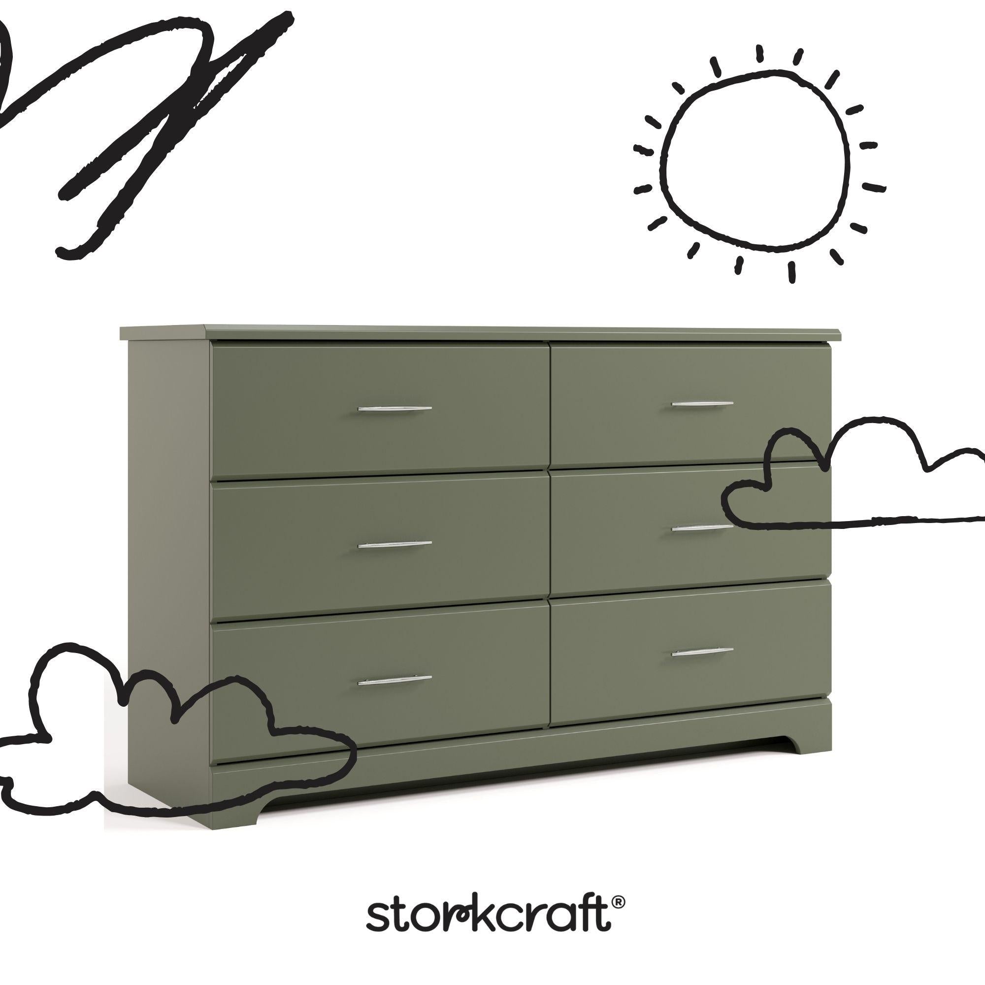 storkcraft brookside olive 6 drawer with black cartoon drawings