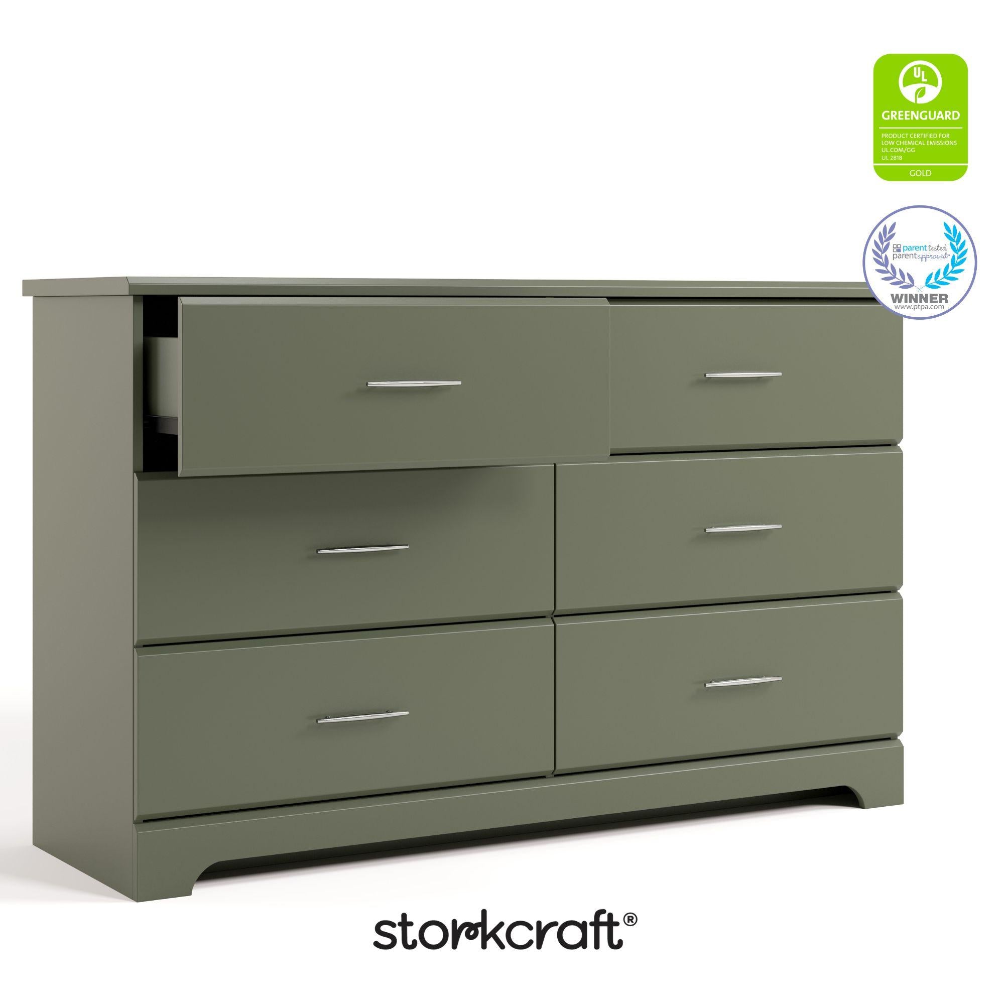 storkcraft brookside olive 6 drawer with certifications callout