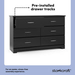 storkcraft brookside black 6 drawer pre-installed drawer tracks callout