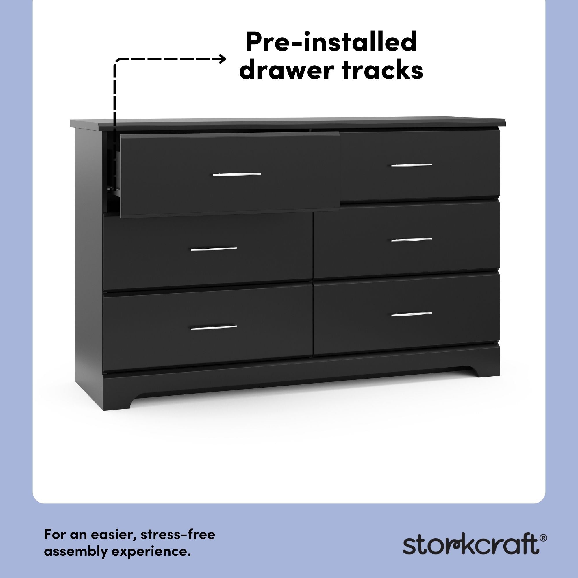 storkcraft brookside black 6 drawer pre-installed drawer tracks callout