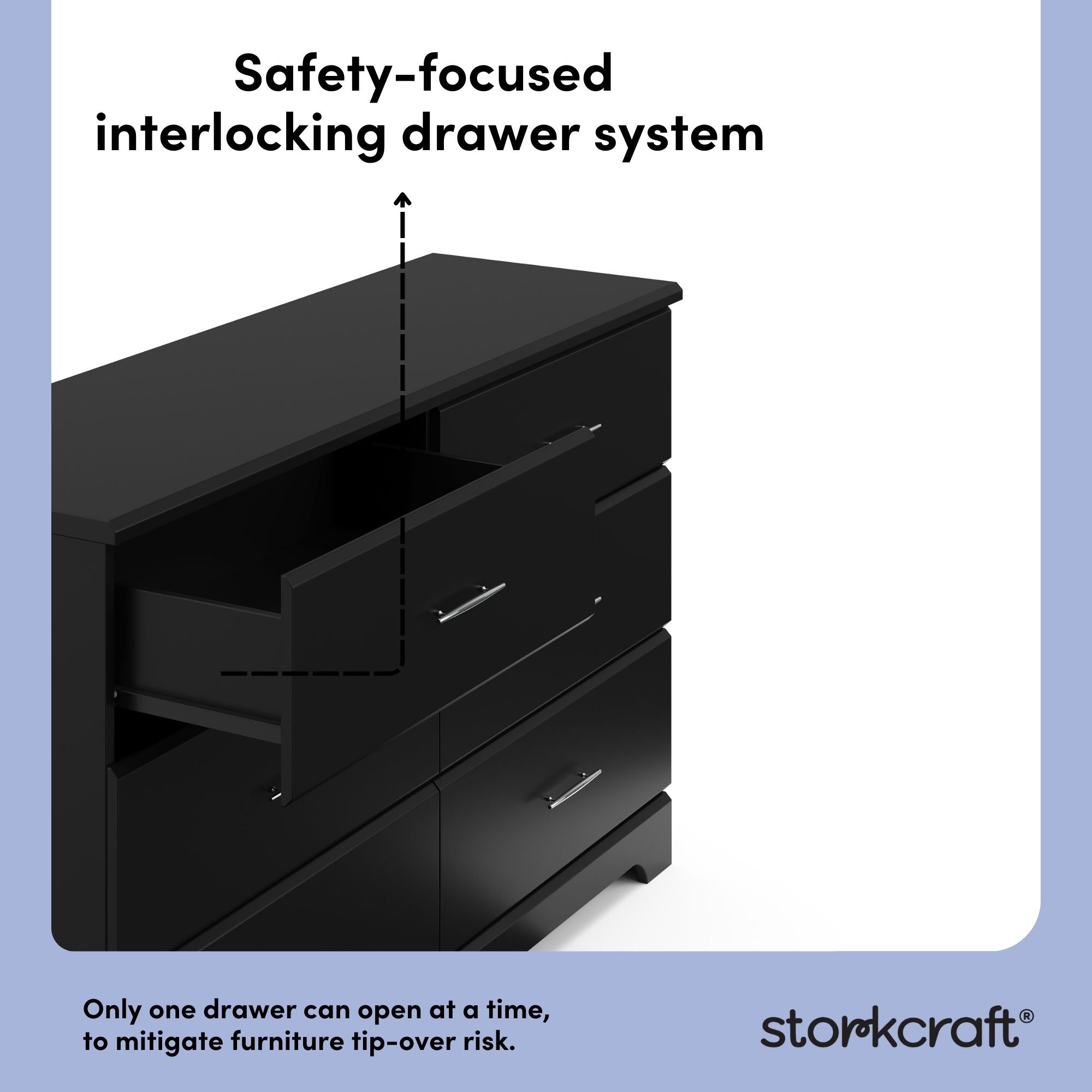 storkcraft brookside black 6 drawer interlocking drawer callout