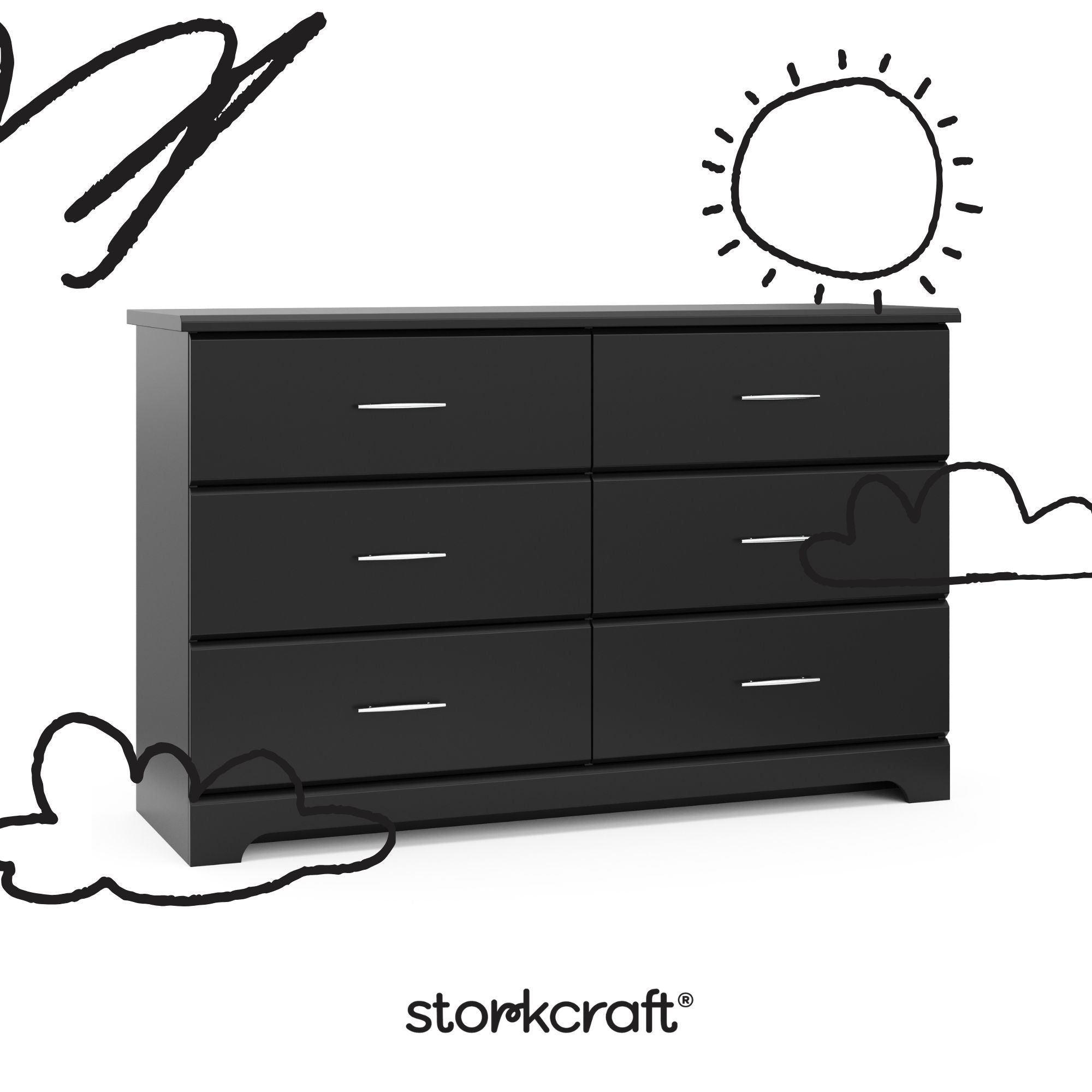 storkcraft brookside black 6 drawer with black cartoon drawings