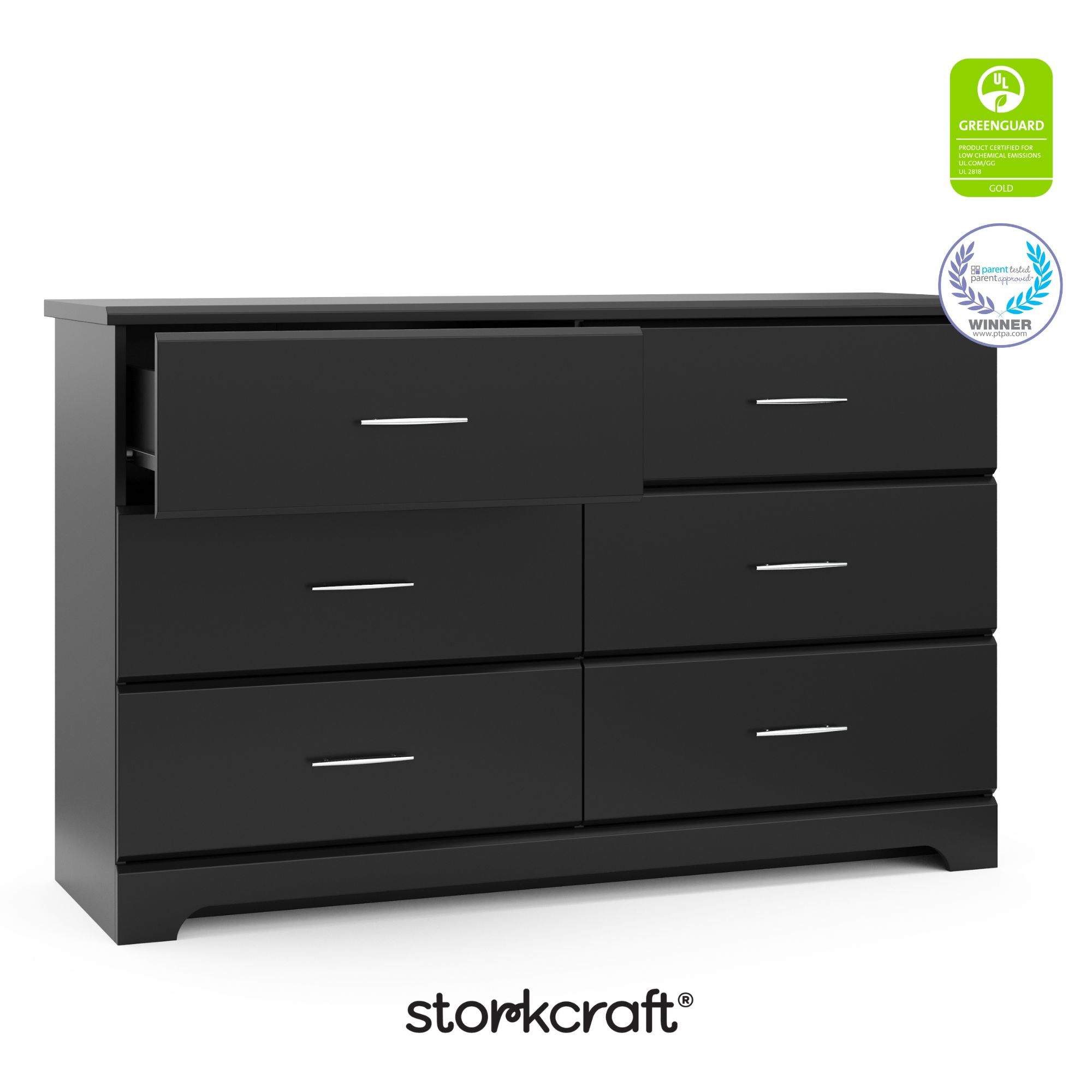 storkcraft brookside black 6 drawer with certifications callout