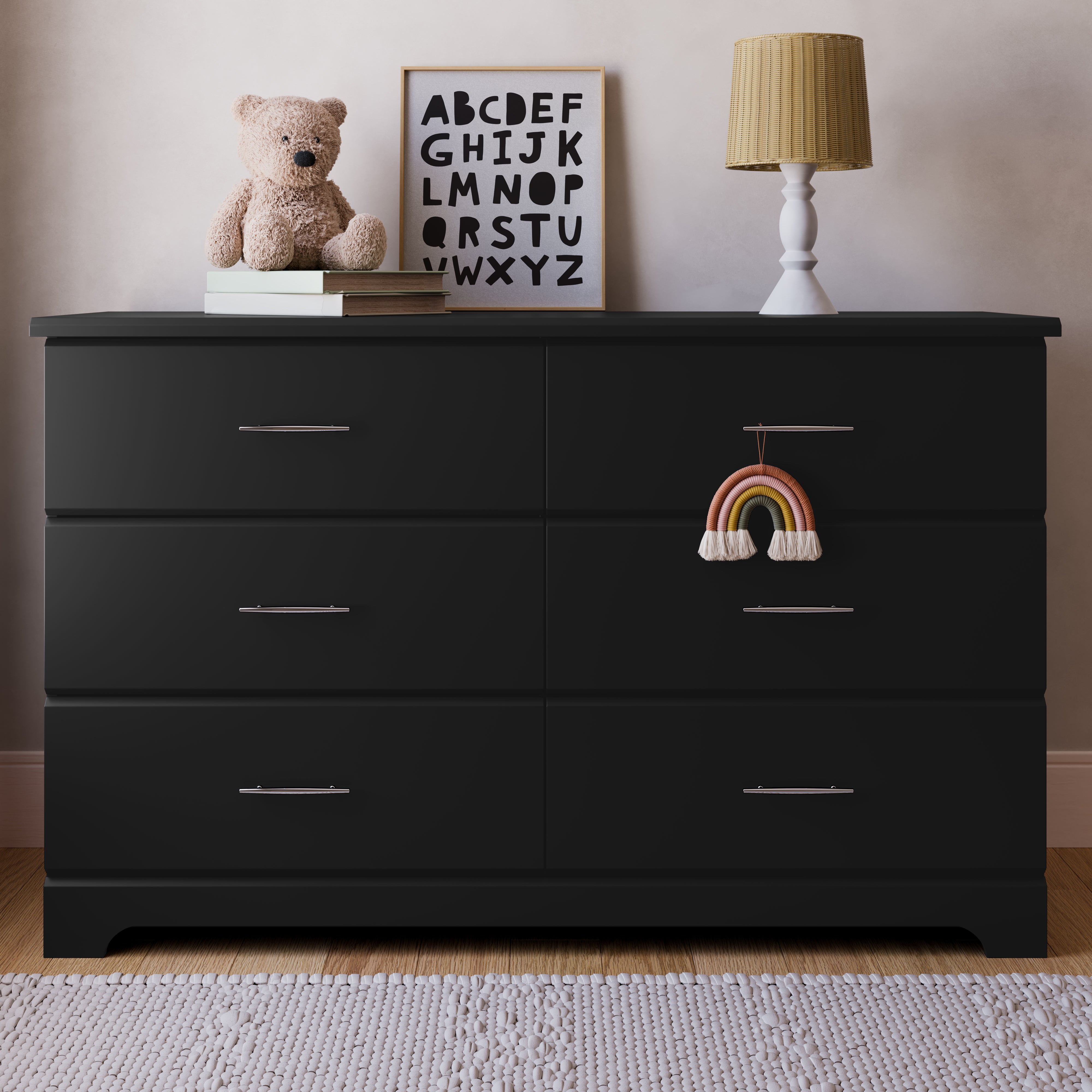 Brookside black 6 drawer dresser in a nursery