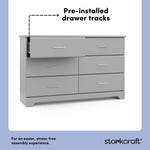 storkcraft brookside pebble gray 6 drawer pre-installed drawer tracks callout