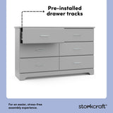storkcraft brookside pebble gray 6 drawer pre-installed drawer tracks callout