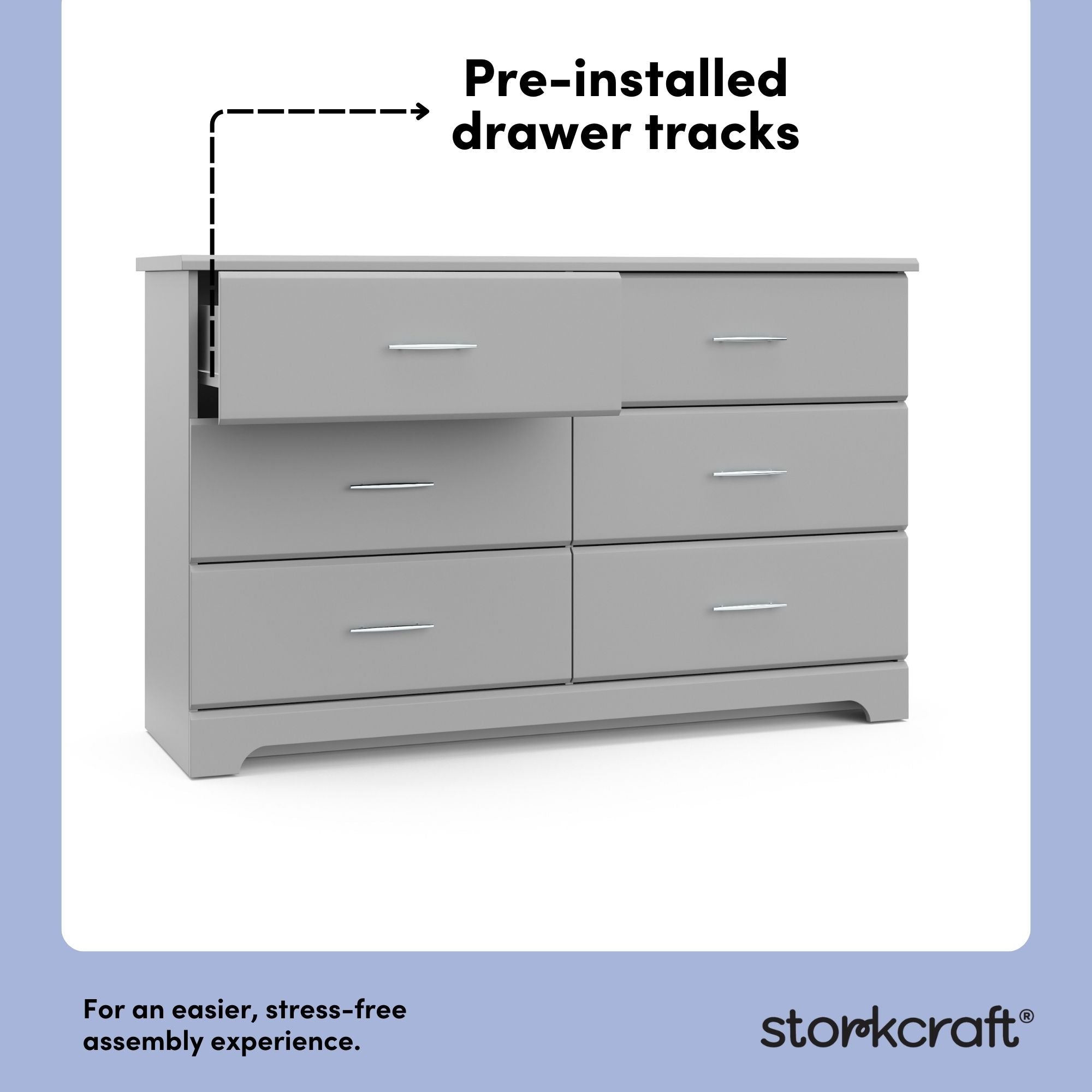 storkcraft brookside pebble gray 6 drawer pre-installed drawer tracks callout