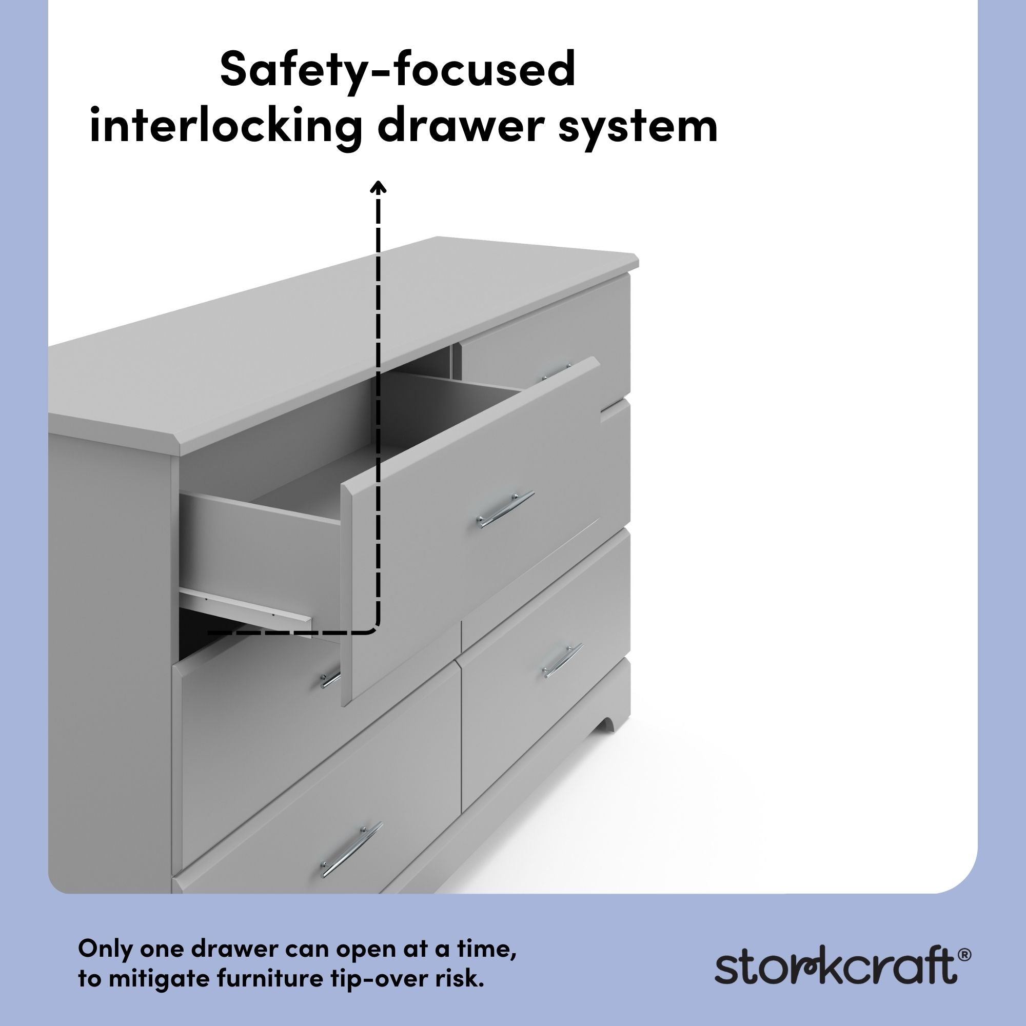 storkcraft brookside pebble gray 6 drawer interlocking drawer callout