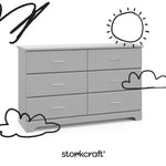 storkcraft brookside pebble gray 6 drawer with black cartoon drawings