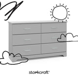 storkcraft brookside pebble gray 6 drawer with black cartoon drawings