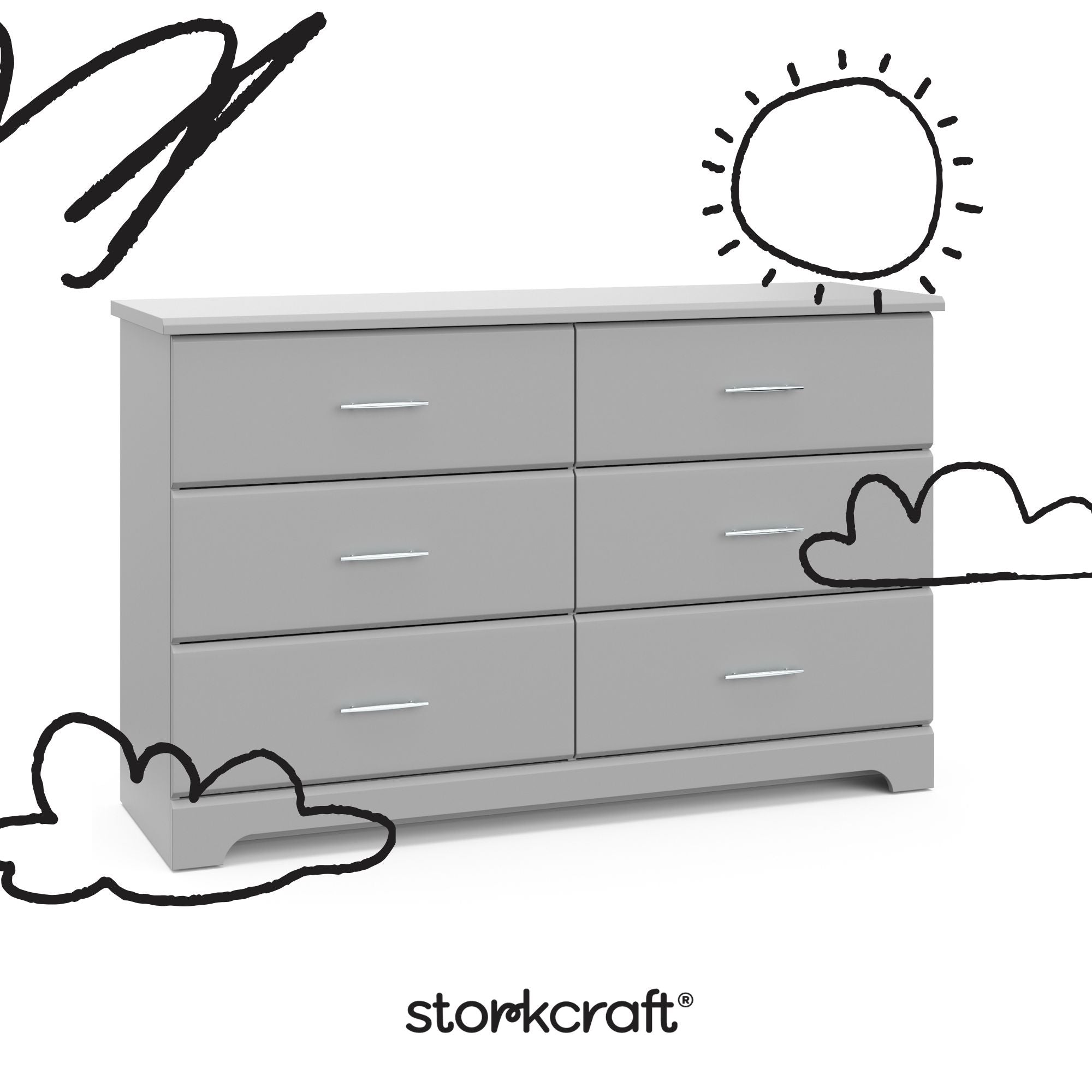 storkcraft brookside pebble gray 6 drawer with black cartoon drawings