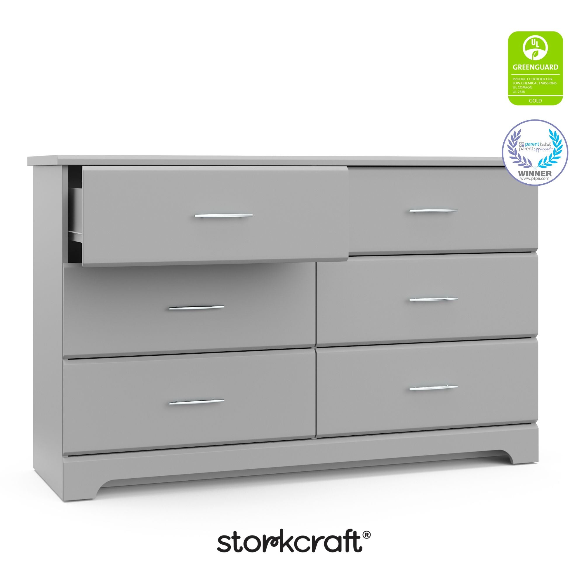 storkcraft brookside pebble gray 6 drawer with certifications callout