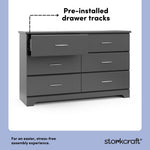 storkcraft brookside gray 6 drawer pre-installed drawer tracks callout