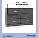 storkcraft brookside gray 6 drawer pre-installed drawer tracks callout