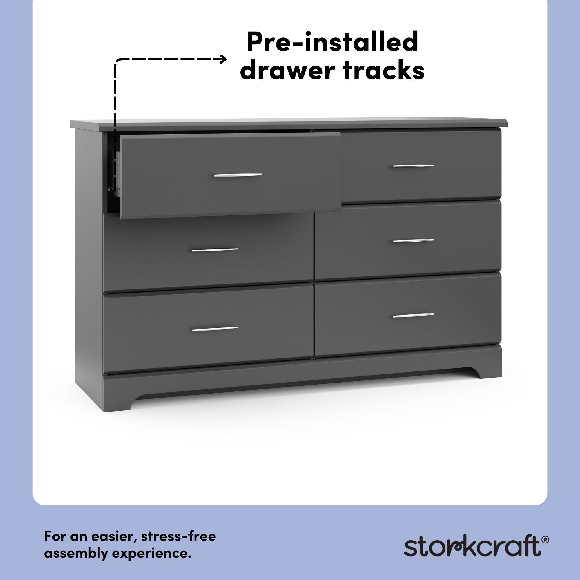 storkcraft brookside gray 6 drawer pre-installed drawer tracks callout