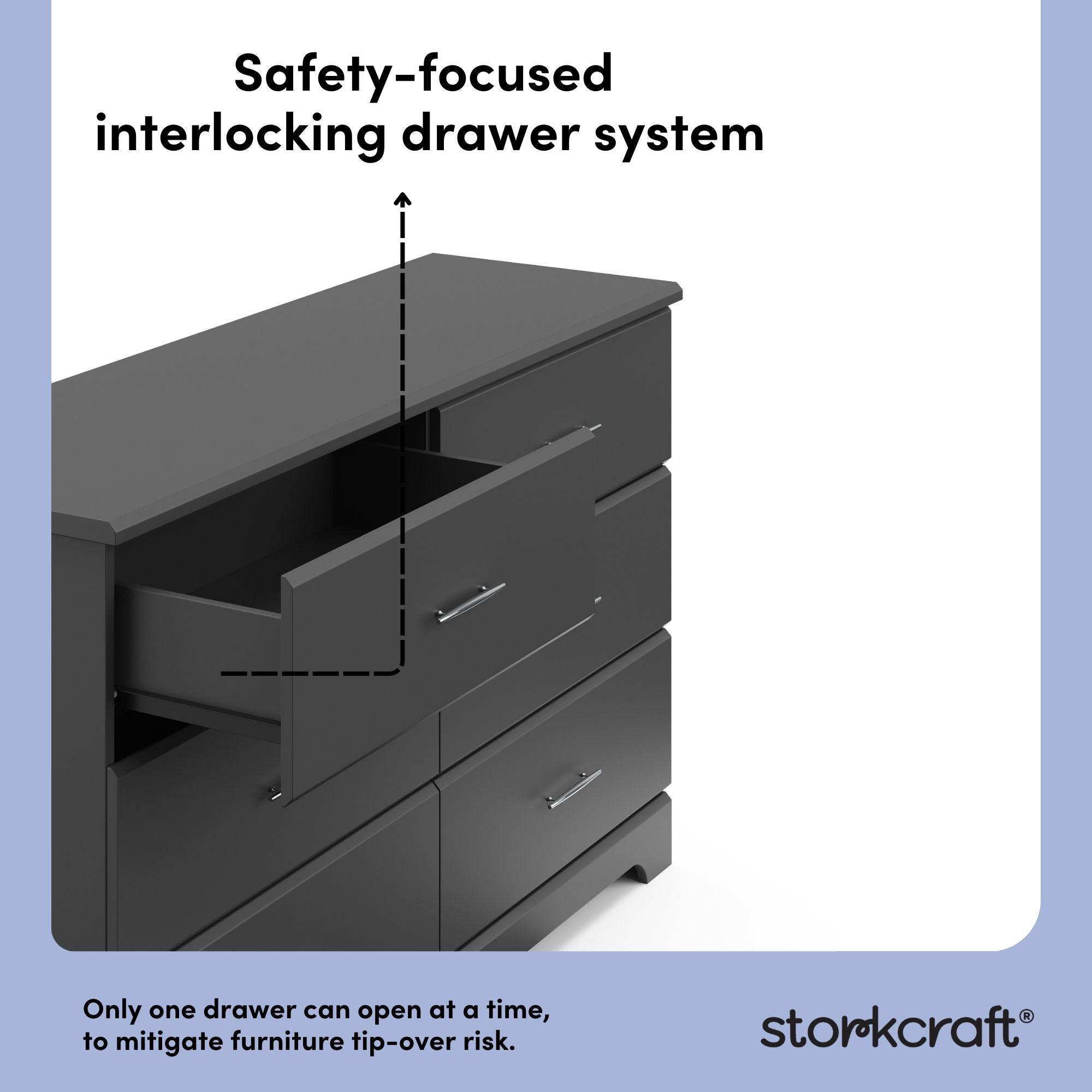 storkcraft brookside gray 6 drawer interlocking drawer callout
