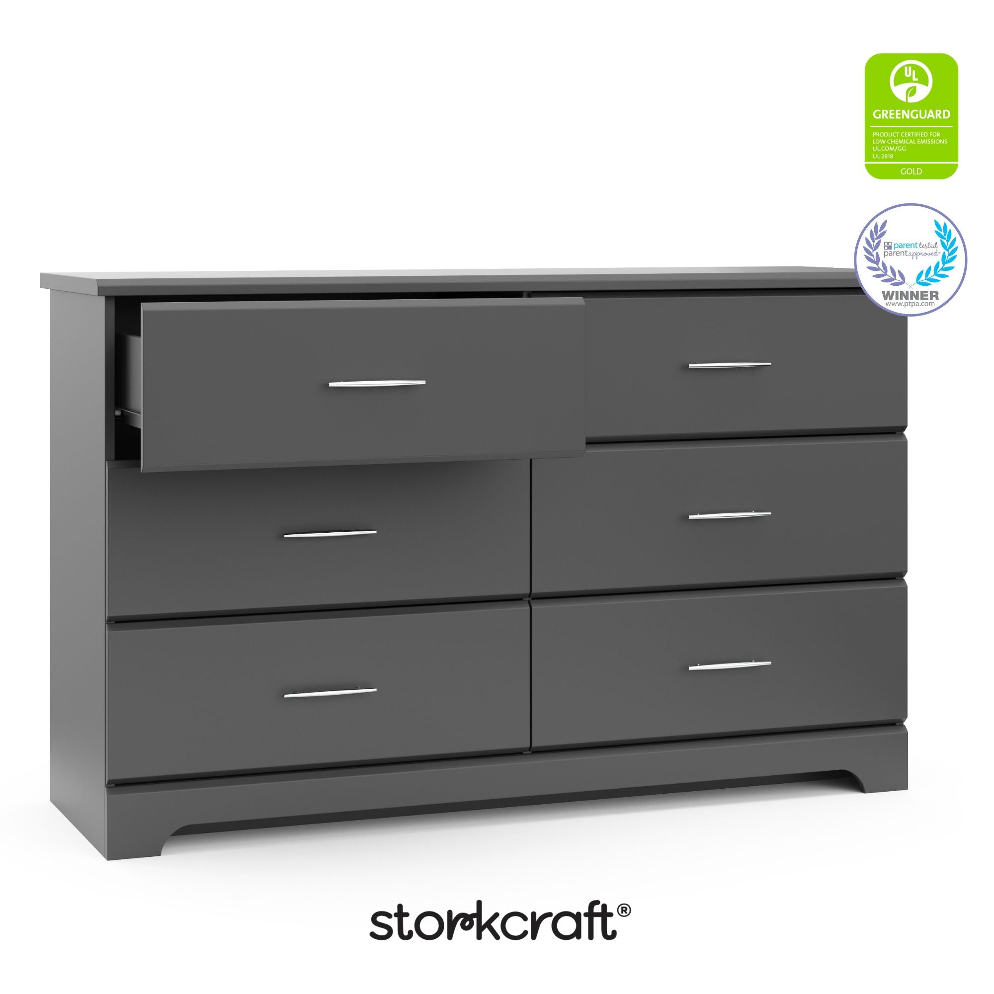 storkcraft brookside gray 6 drawer with certifications callout