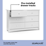 crescent white 6 drawer dresser angle view pre-installed drawer tracks callout