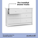 crescent white 6 drawer dresser angle view pre-installed drawer tracks callout