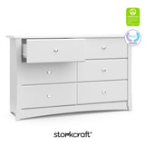 crescent white 6 drawer dresser angle view with GREENGUARD Gold and PTPA logos on top right