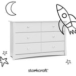 crescent white 6 drawer dresser angle view with black cartoon drawings overlaid on image
