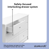 crescent white 6 drawer dresser angle-side view interlocking drawer callout