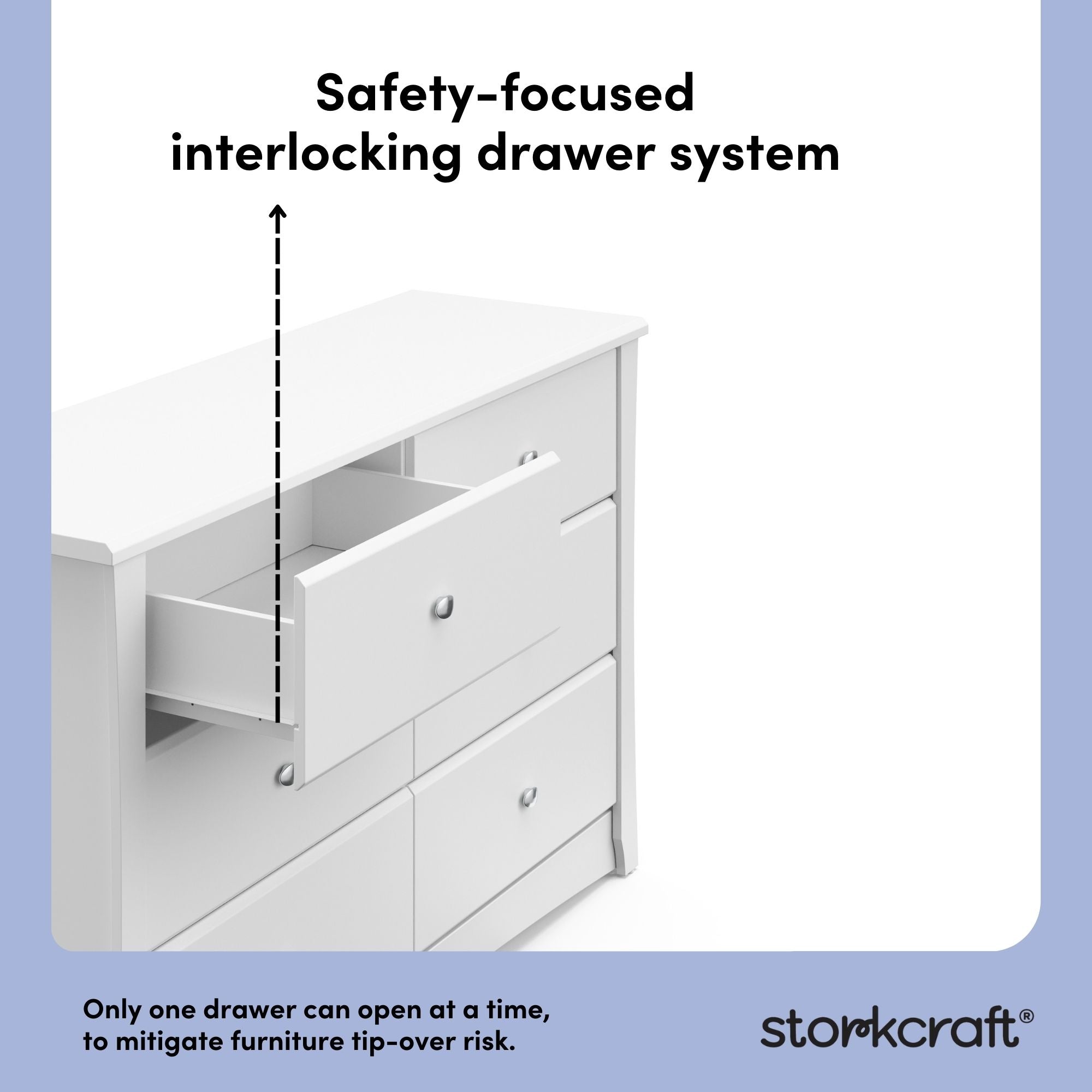 crescent white 6 drawer dresser angle-side view interlocking drawer callout