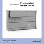 crescent pebble gray 6 drawer dresser angle view pre-installed drawer tracks callout