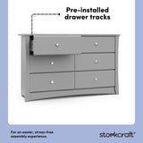 crescent pebble gray 6 drawer dresser angle view pre-installed drawer tracks callout