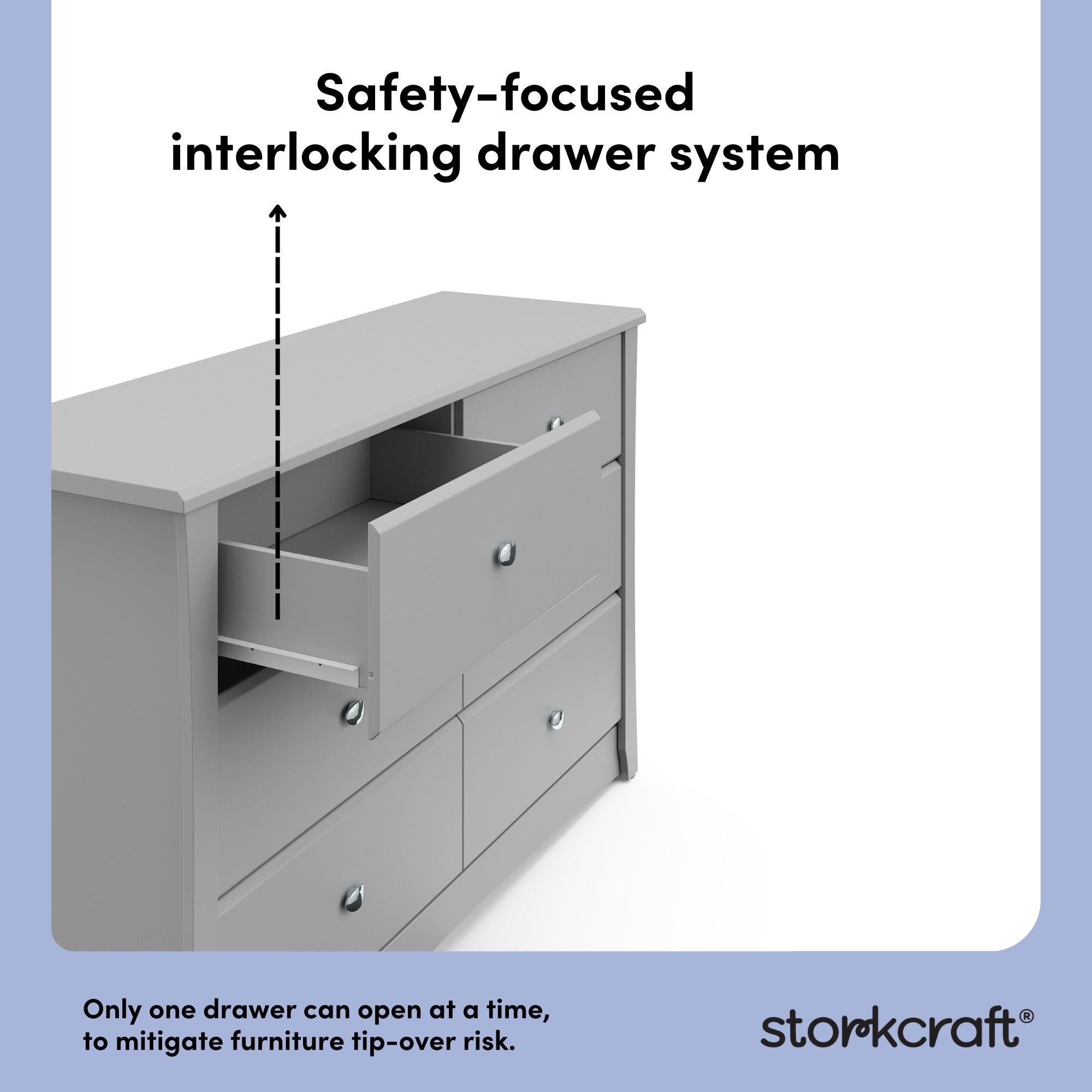 crescent pebble gray 6 drawer dresser angle-side view interlocking drawer callout