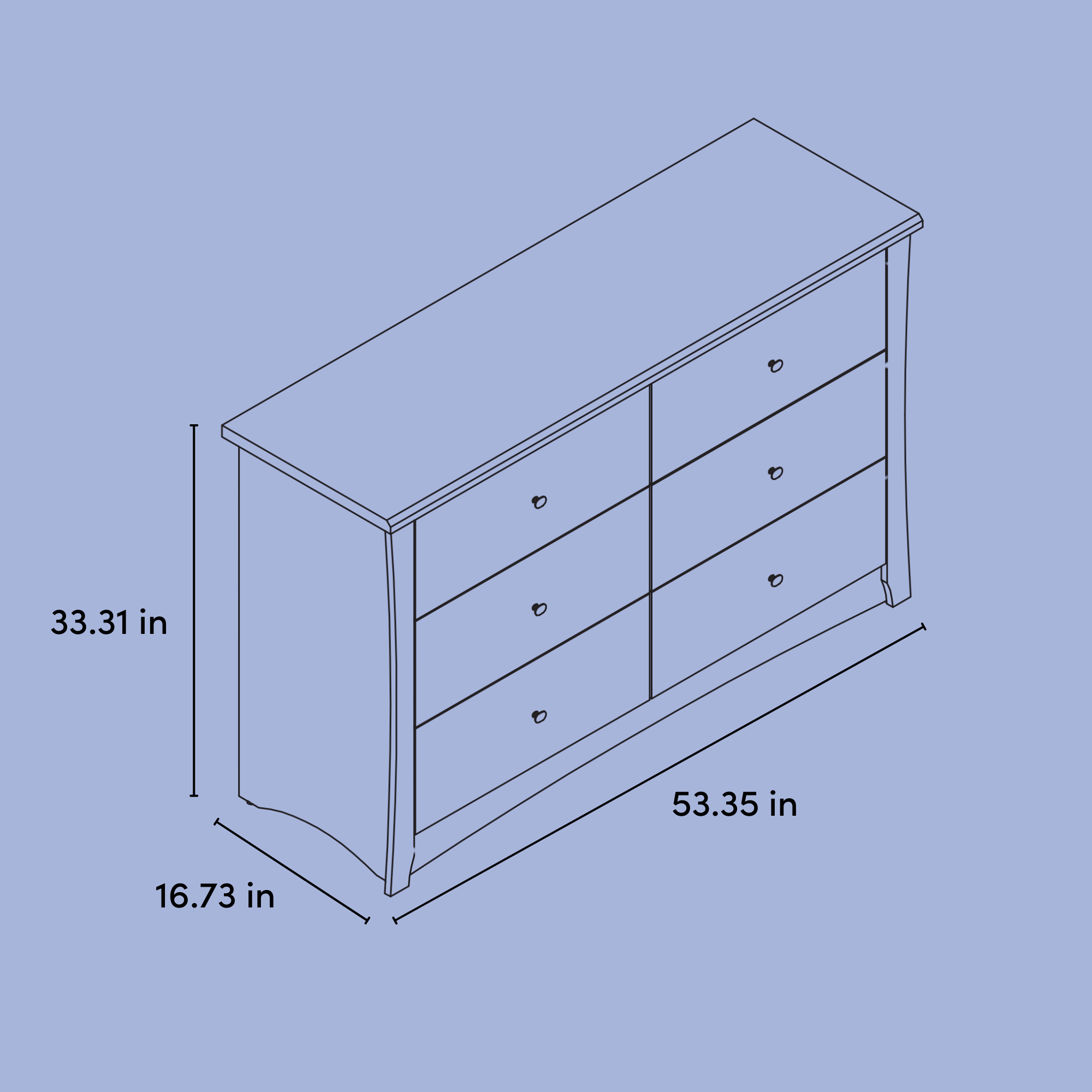 crescent 6 drawer dresser illustration with dimensions indicated
