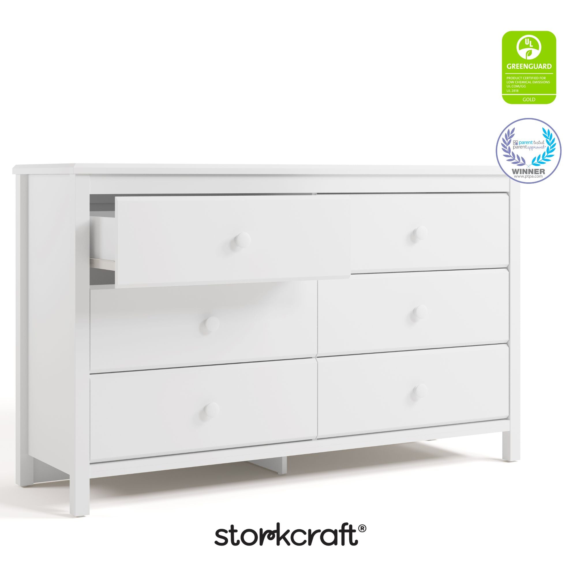 alpine white 6 drawer dresser angle view with GREENGUARD Gold and PTPA logo on top right