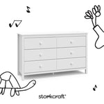 alpine white 6 drawer dresser angle view with black cartoon drawings overlaid on image