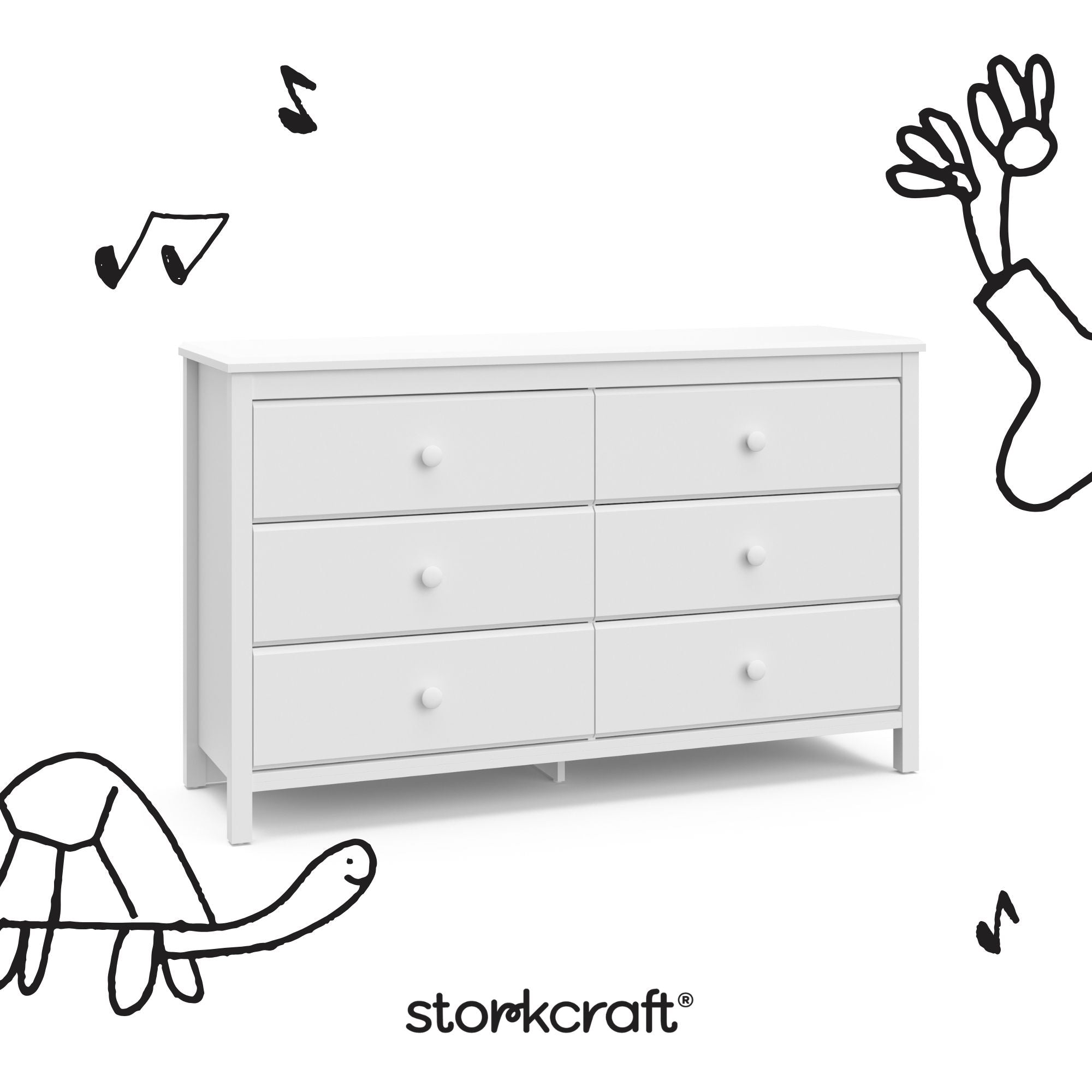 alpine white 6 drawer dresser angle view with black cartoon drawings overlaid on image