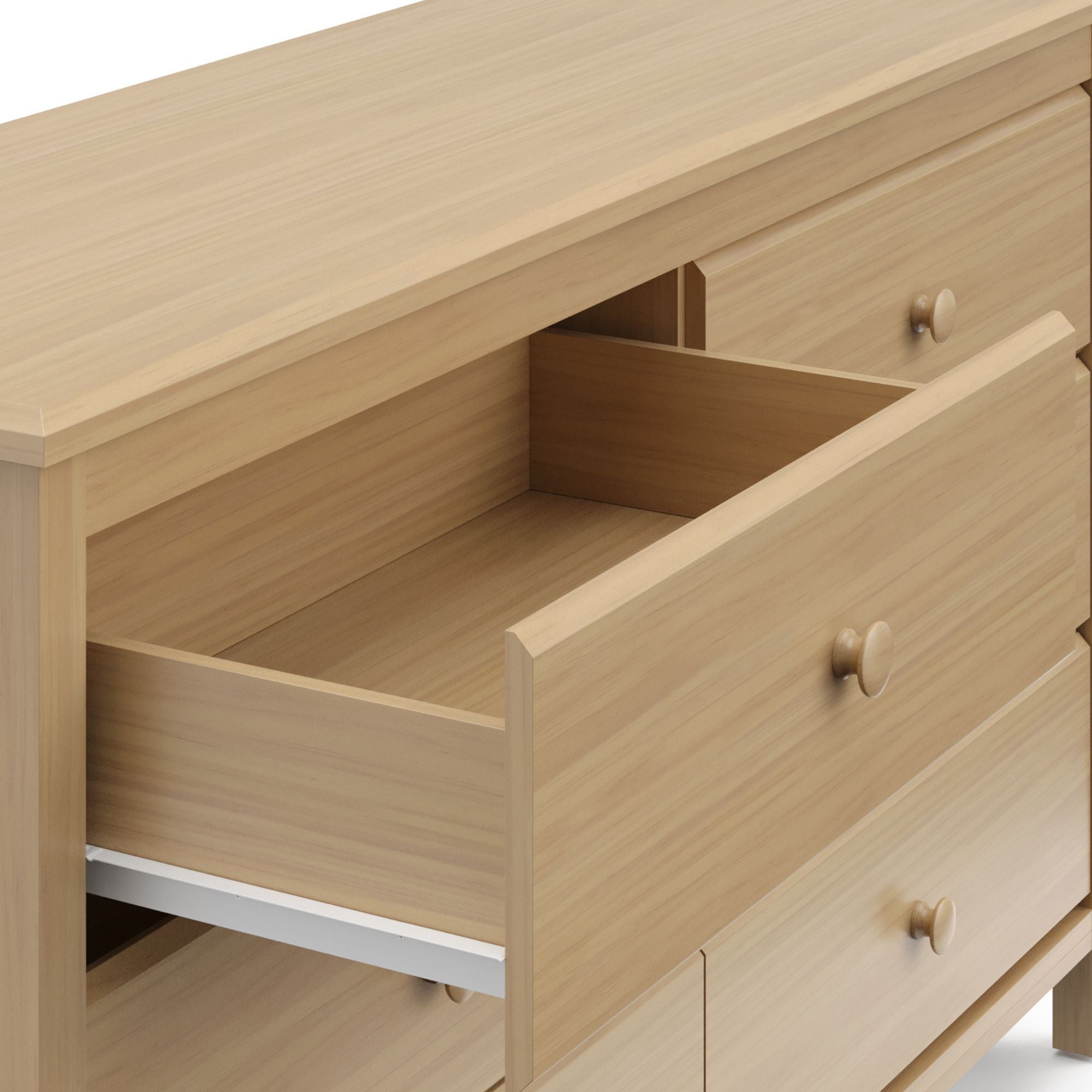 alpine 6 drawer driftwood dresser with top left drawer open closeup