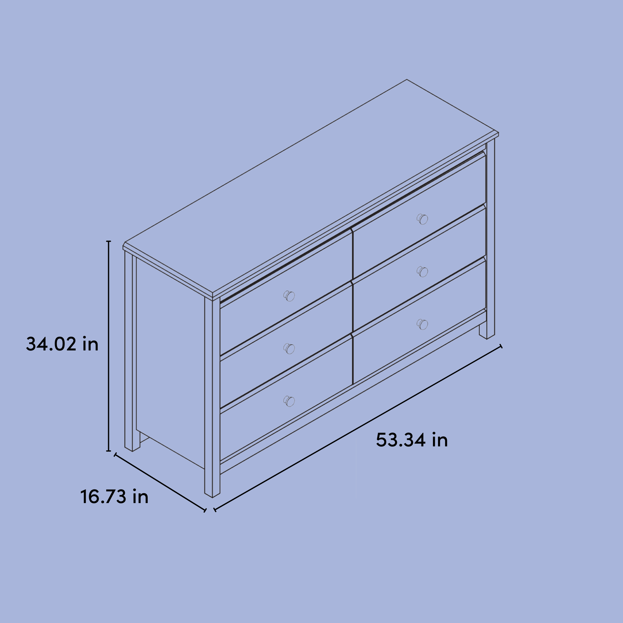 alpine 6 drawer dresser illustration with dimensions indicated