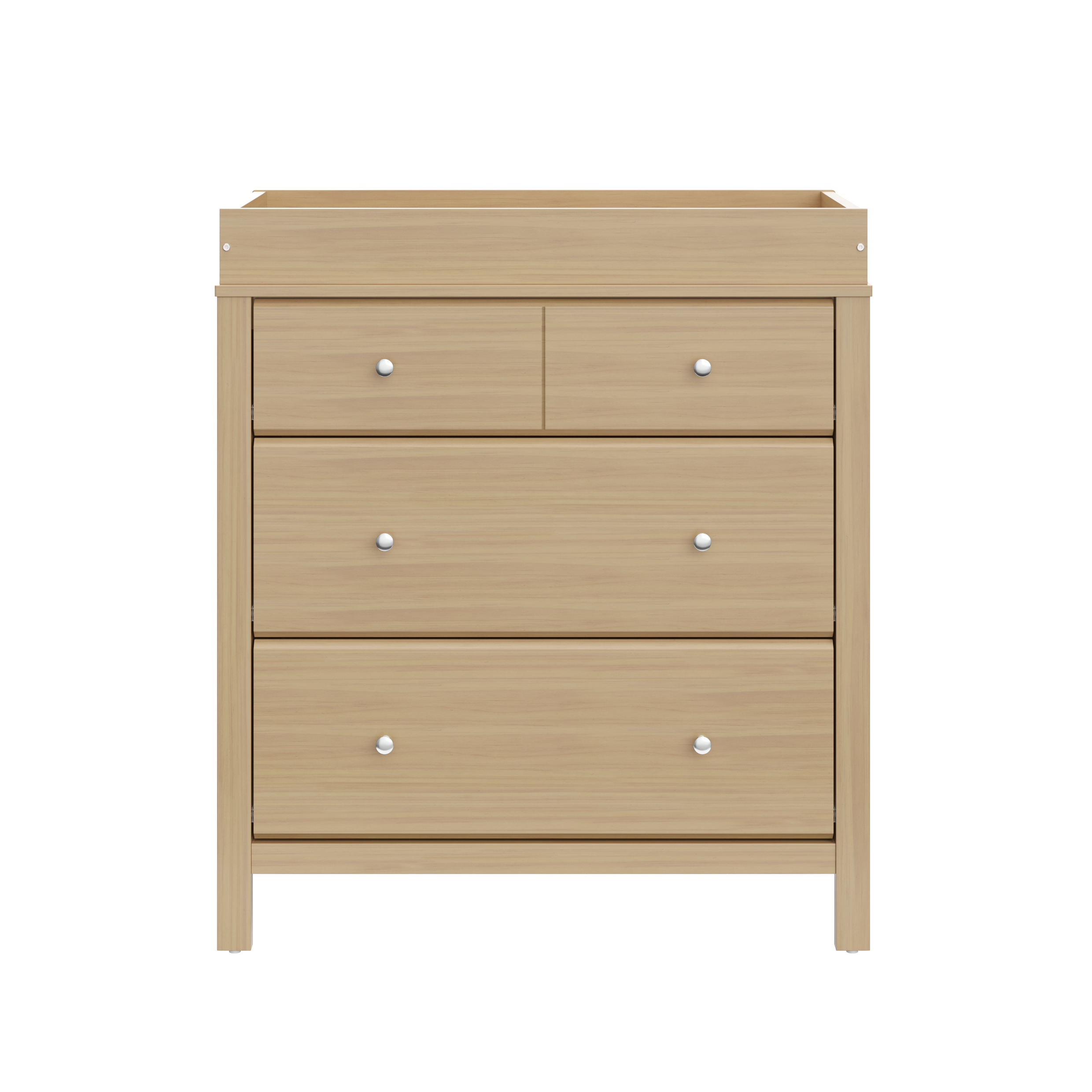 front view of driftwood 3 drawer chest with changing topper