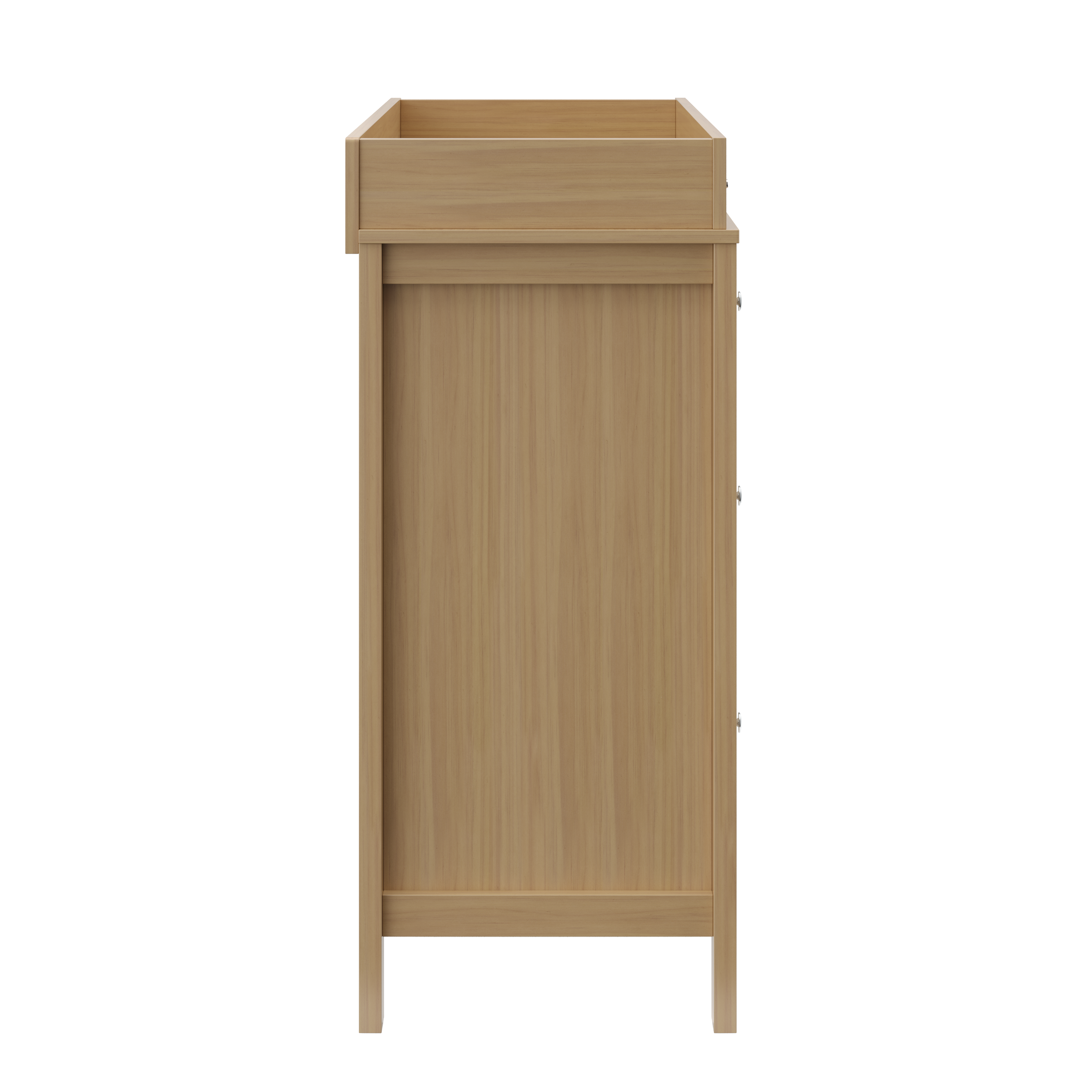 side view of driftwood 3 drawer chest with changing topper