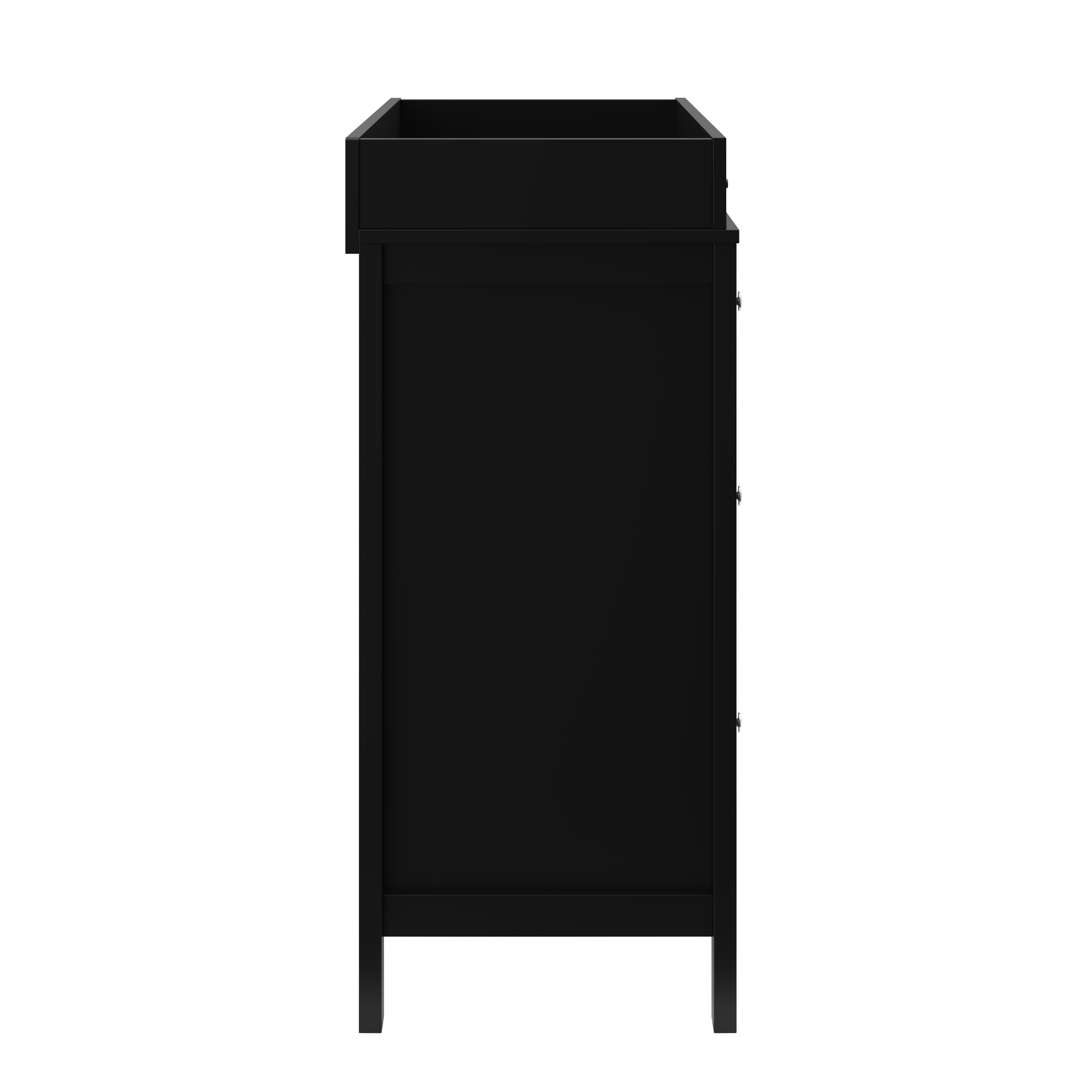 side view of black 3 drawer chest with changing topper