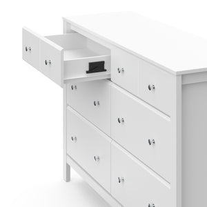 top view of white 6 drawer dresser with one open drawer showing the interlocking drawer system
