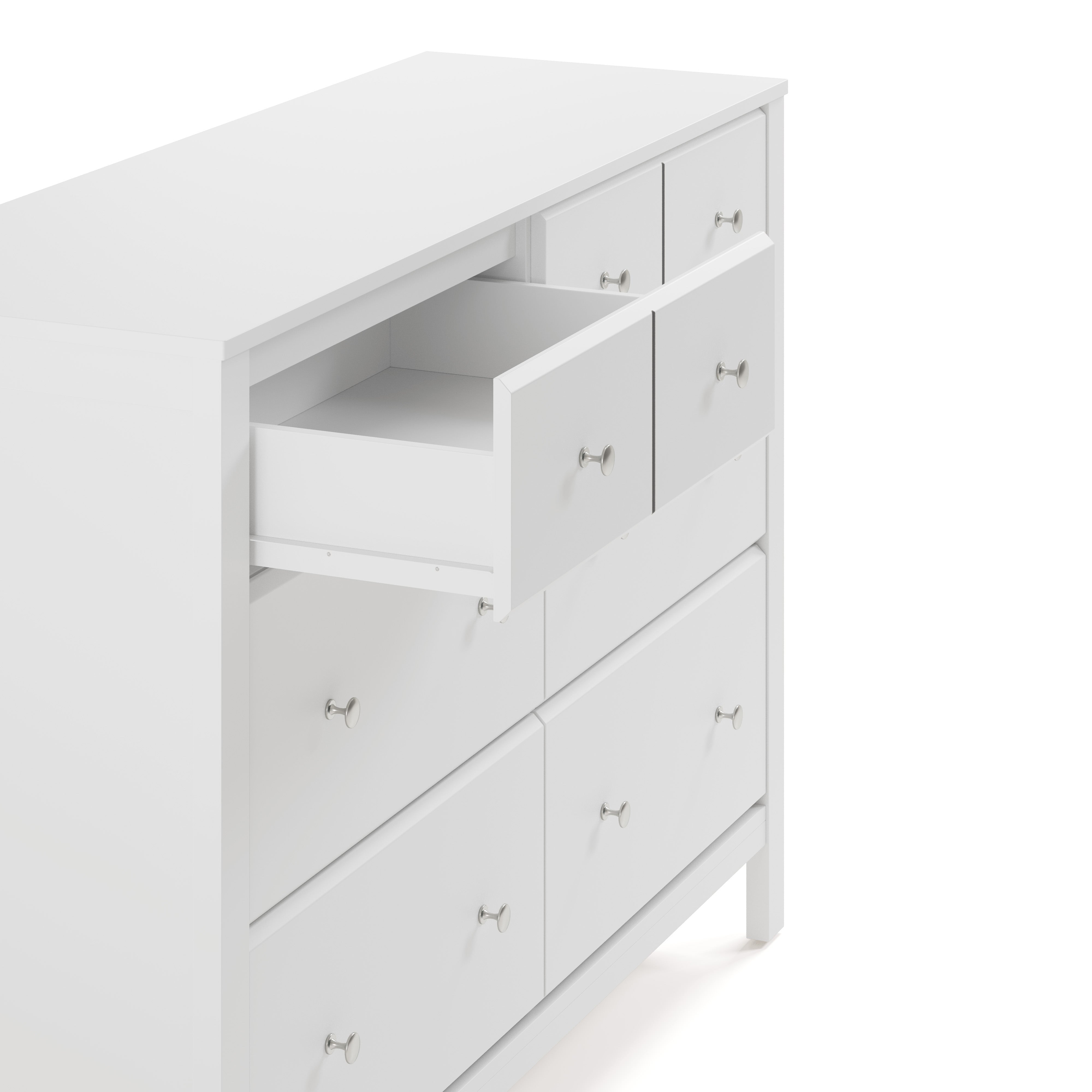 Horizon white 6 drawer dresser with top left drawer open side view