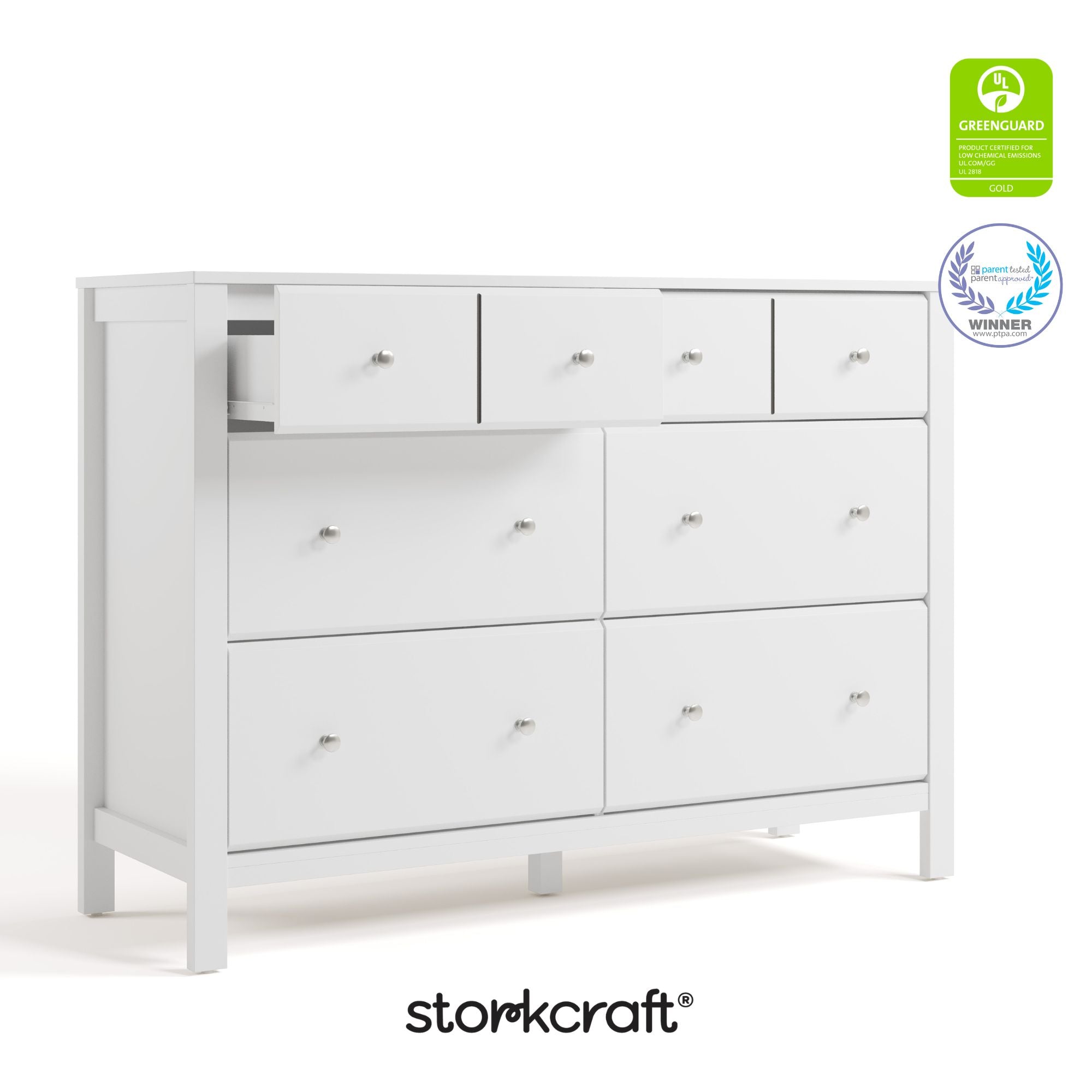 Horizon white with driftwood 6 drawer dresser with GGG and PTPA logos on top right