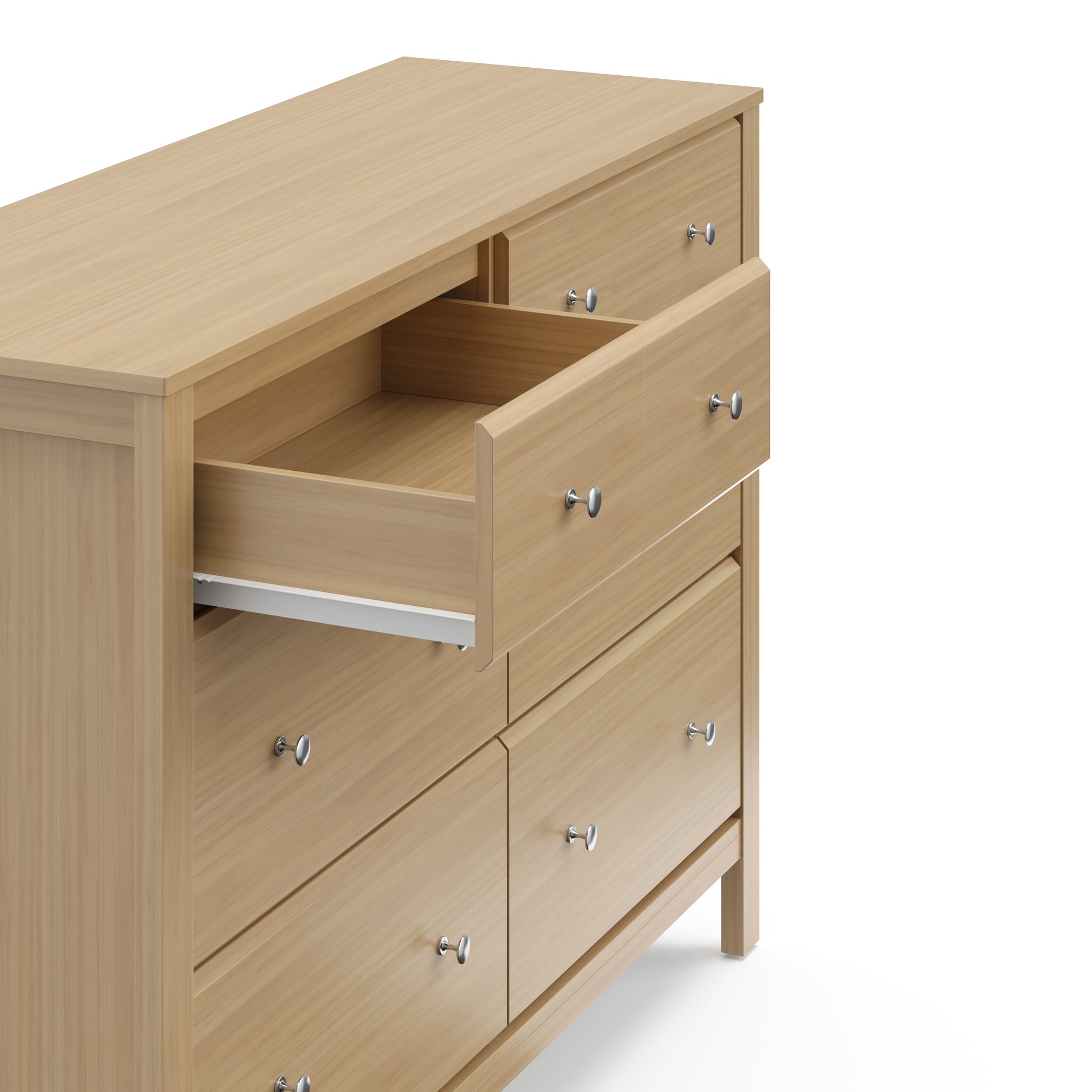 top view of driftwood 6 drawer dresser with one open drawer