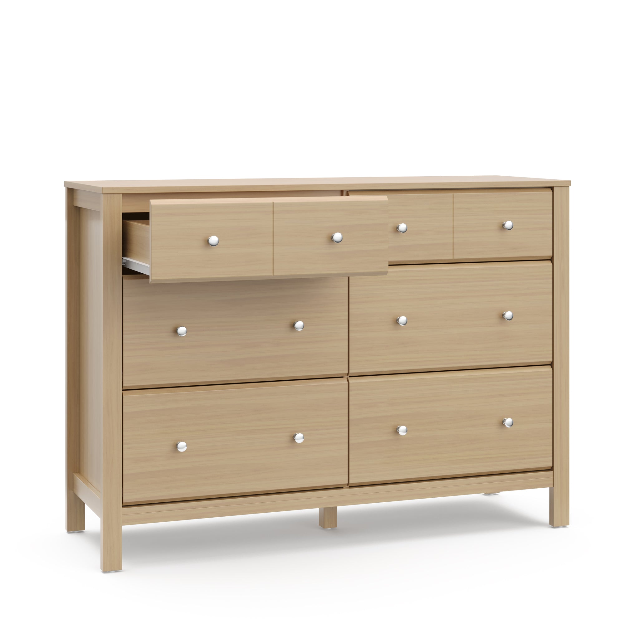 angled view of driftwood 6 drawer dresser with one open drawer